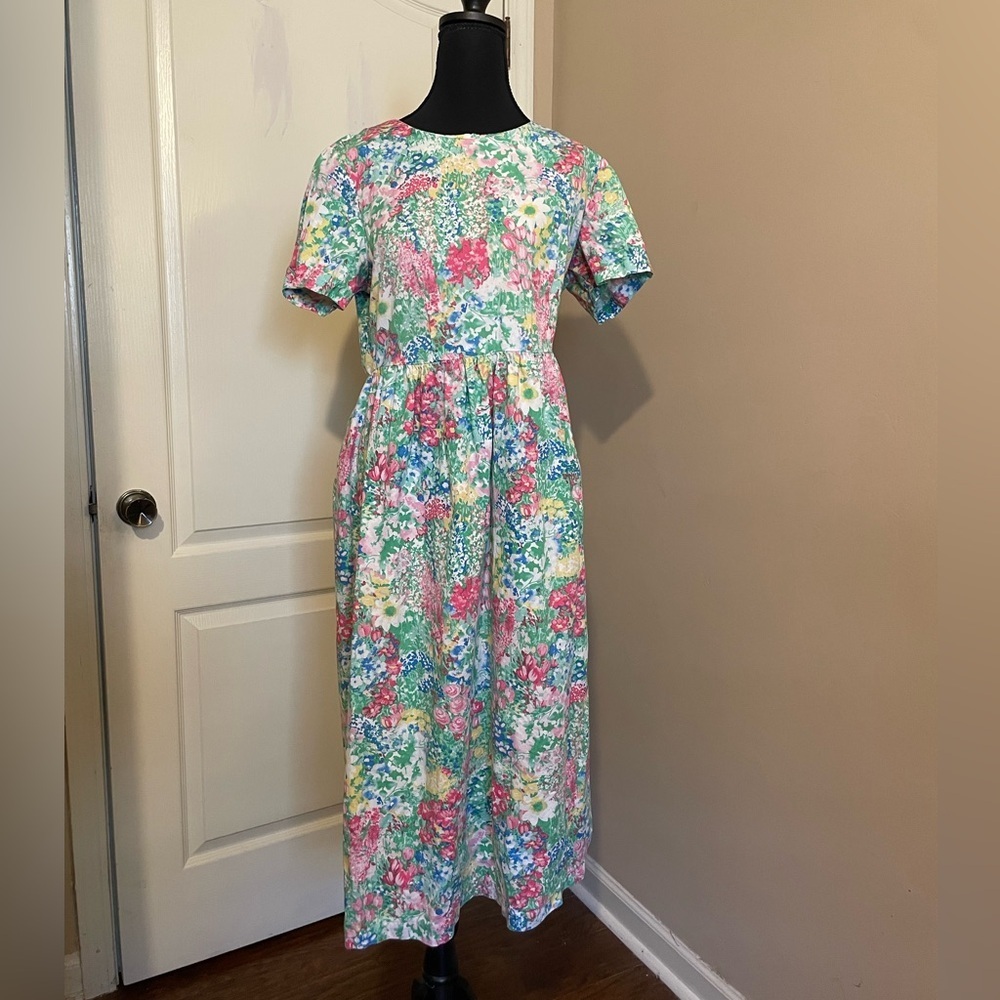 Vermont Country Store Midi Dress Size S Pink Green Floral Grandma Cottagecore